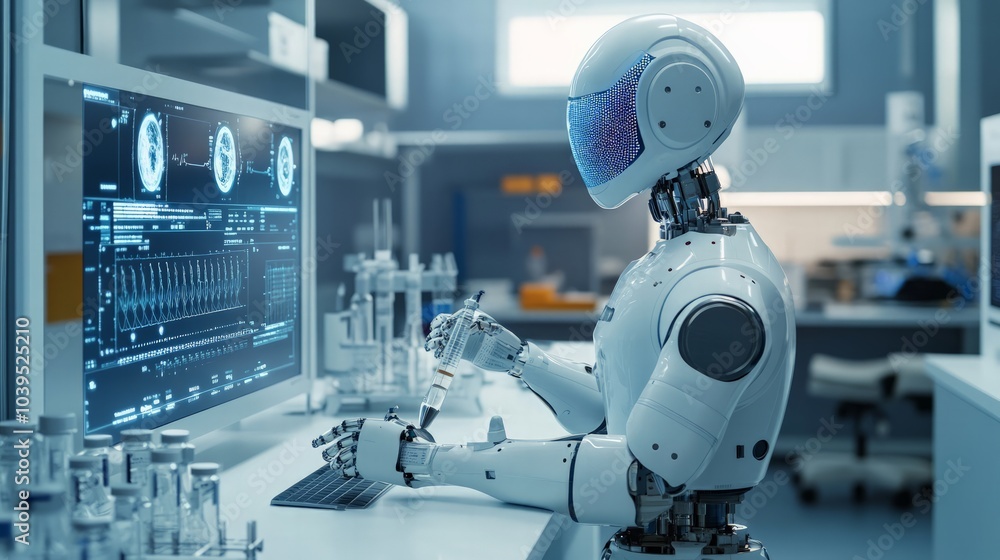 Advanced AI robot assisting in a modern laboratory with holographic displays, showcasing technological advancements in science and research in a sleek, futuristic environment Advanced AI robot assisting in a modern laboratory with holographic displays, showcasing technological advancements in science and research in a sleek, futuristic environment