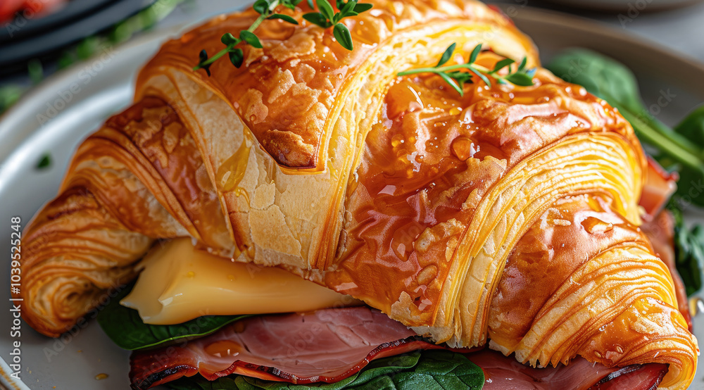 Φωτογραφία A croissant sandwich with ham, cheese, and spinach on the side is an inviting and colorful breakfast dish, The honey-ham colored croissants add to its appeal