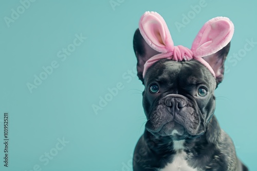 Adorable French Bulldog in Bunny Ears Headband on Blue Background photo