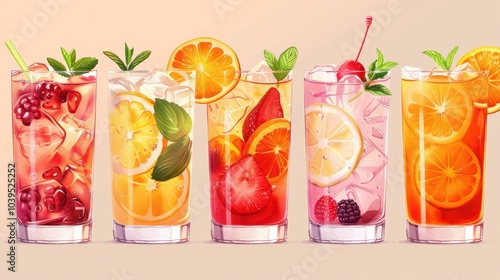 Fruit cocktails on white background . Many different types of assortment of fruit cocktails