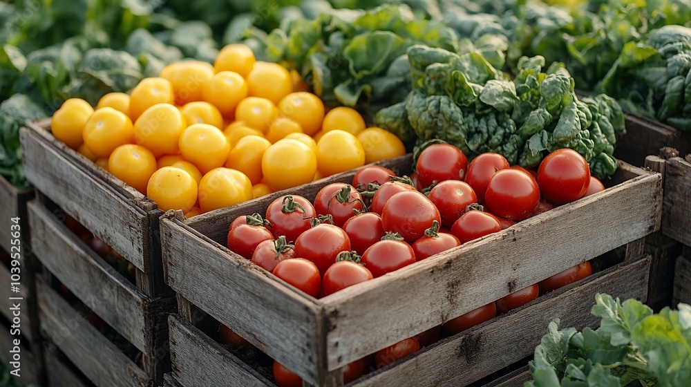 Freshly harvested tomatoes and lettuce in wooden crates. Freshly harvested tomatoes and lettuce in wooden crates.