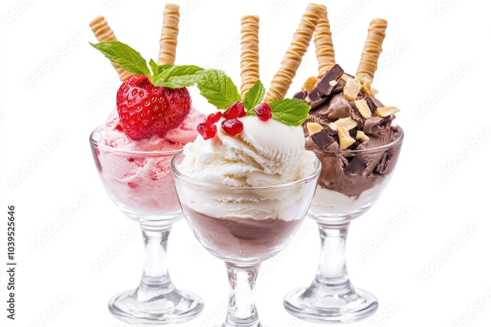 Three Scoops of Ice Cream in Glass Bowls with Toppings and Wafers Three Scoops of Ice Cream in Glass Bowls with Toppings and Wafers