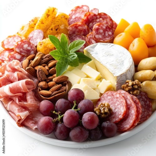 A beautifully arranged charcuterie platter featuring meats, cheeses, nuts, and fruits.