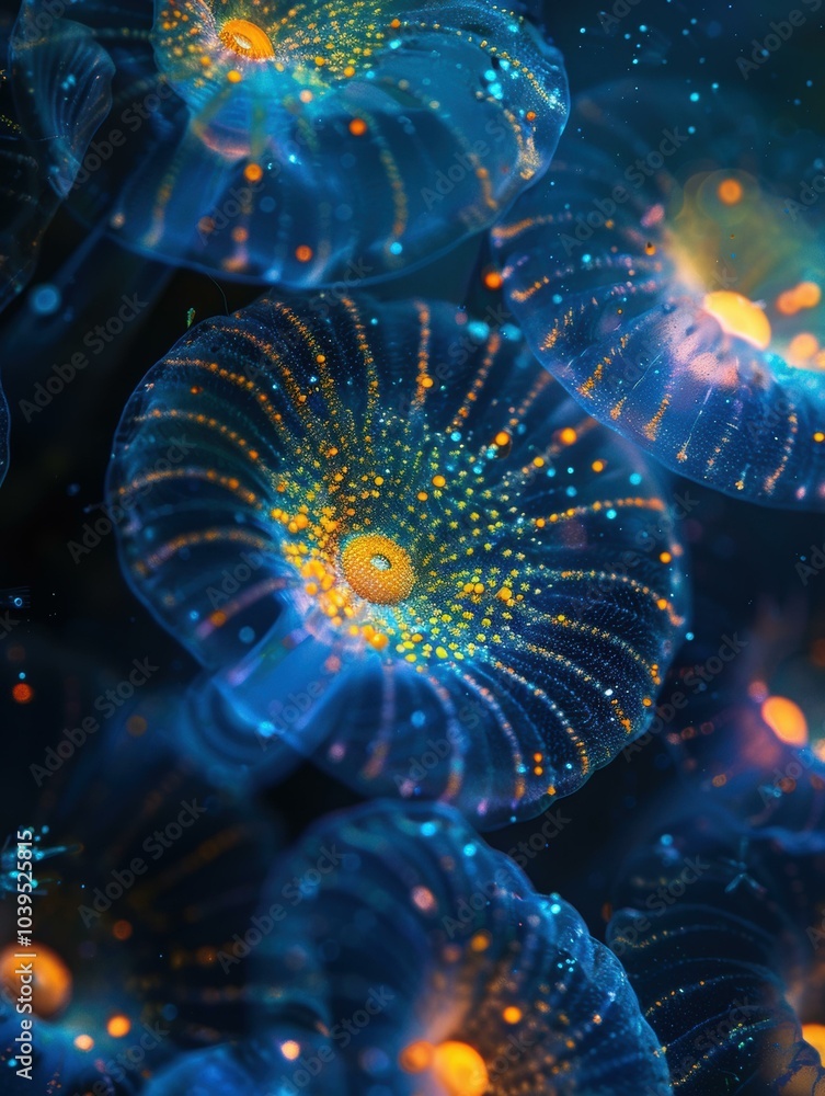 Bioluminescent jellyfish glowing in the ocean. AI. Bioluminescent jellyfish glowing in the ocean. AI.