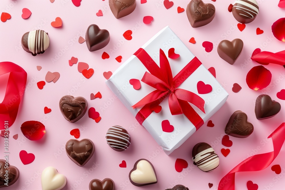 Valentine’s Day Gift Box with Heart Chocolates and Red Ribbon on Pink Background Valentine’s Day Gift Box with Heart Chocolates and Red Ribbon on Pink Background