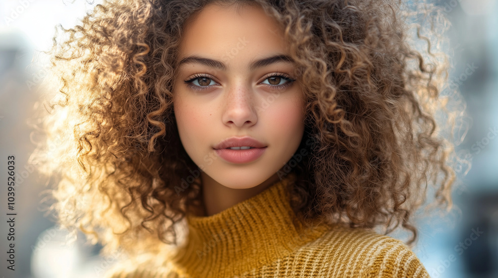 Naklejka premium Młoda kobieta z kręconymi włosami stoi na ulicy w mieście, otoczona architekturą urbanistyczną