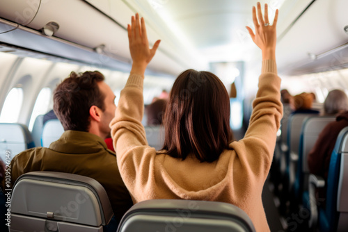 Relaxed passengers walking down the airplane aisle before takeoff for their vacation photo