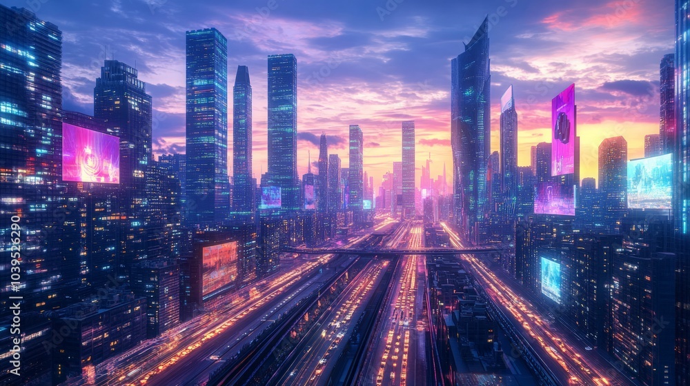 Fototapeta premium Sleek, high-tech urban cityscape at dusk, with towering skyscrapers and advanced transportation systems, featuring neon lights and holographic advertisements, creating a vibrant, modern environment