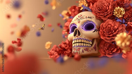 Neon sugar skull with glowing red roses, intricate purple and yellow accents, radiant effect