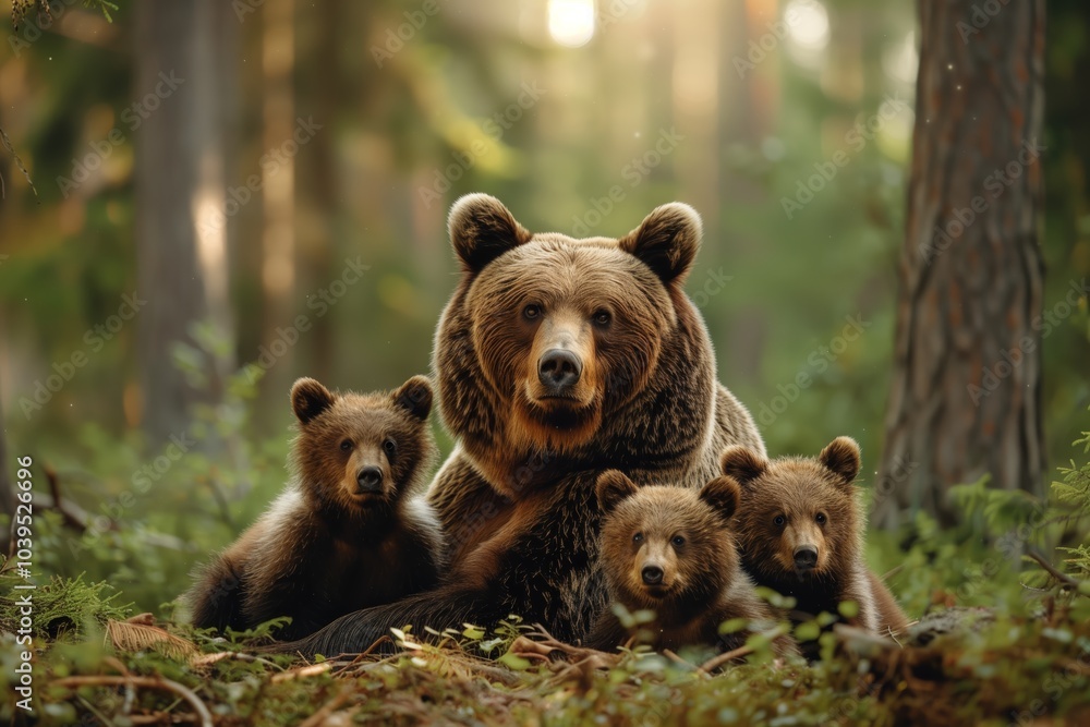 Obraz premium Brown Bear Family in Forest Setting with Cubs Looking at Camera
