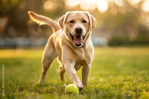 Happy Labrador Retriever Playing with Tennis Ball Outdoors photo