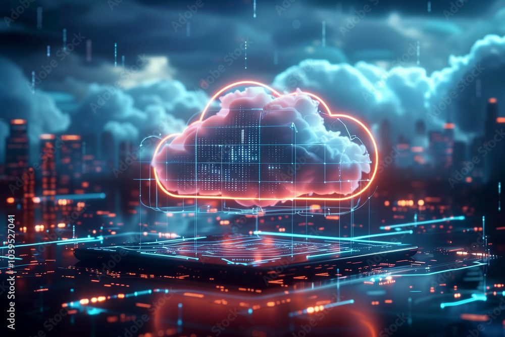 A futuristic concept illustration of cloud computing technology, featuring a vibrant cloud and digital network over a neon cityscape A futuristic concept illustration of cloud computing technology, featuring a vibrant cloud and digital network over a neon cityscape