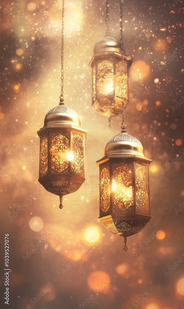 Three golden lanterns with light, bokeh background. Three golden lanterns with light, bokeh background.