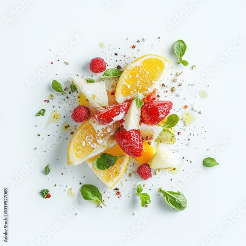 A vibrant arrangement of fresh fruits and herbs on a white background.