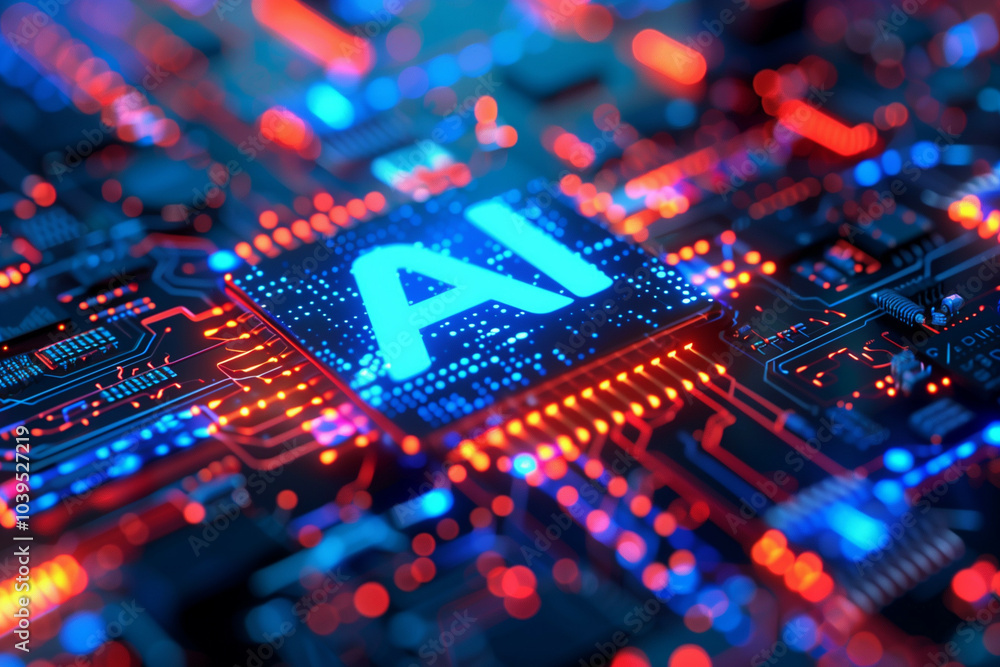 Advanced Artificial Intelligence Technology Concept on a Circuit Board with Blue and Red Neon Lights Illuminating the AI Text Advanced Artificial Intelligence Technology Concept on a Circuit Board with Blue and Red Neon Lights Illuminating the AI Text