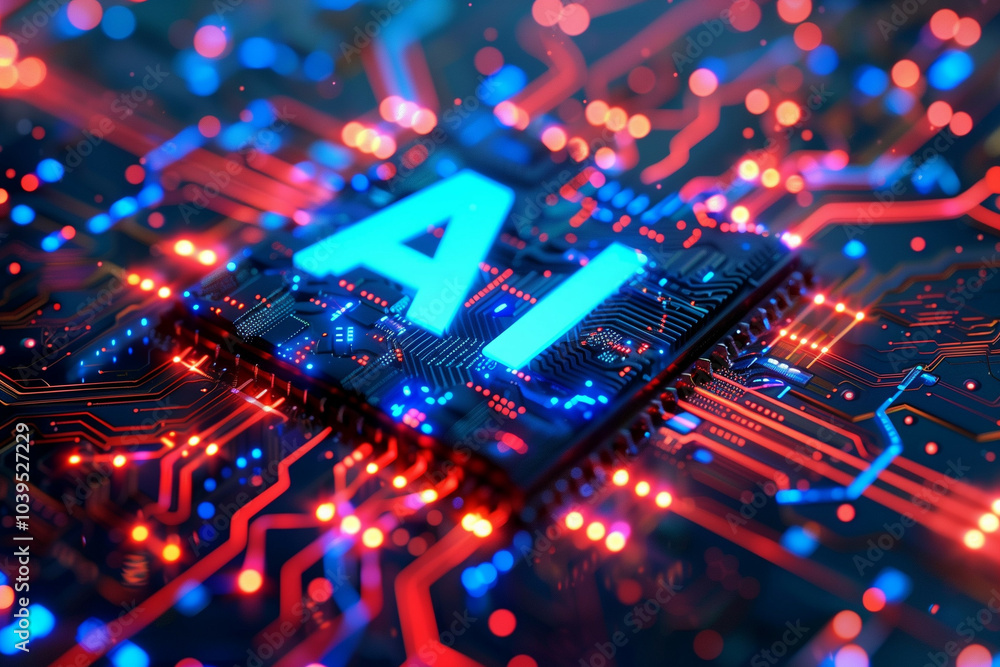 Advanced Artificial Intelligence Technology Concept with Illuminated Blue AI Text on Futuristic Circuit Board in Vivid Red and Blue Hues Advanced Artificial Intelligence Technology Concept with Illuminated Blue AI Text on Futuristic Circuit Board in Vivid Red and Blue Hues
