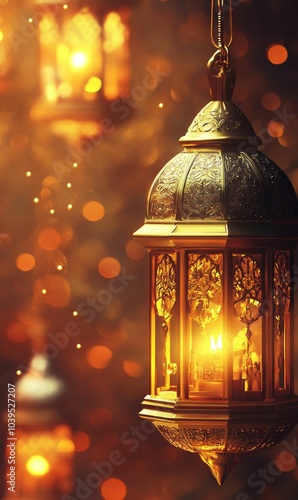 Ornate golden lantern glows with light.