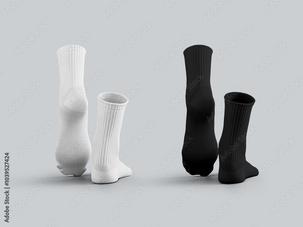 Template of white, black medium socks 3D rendering, back view, one ankle stretched, fashion wear for legs, for design, branding. Set Template of white, black medium socks 3D rendering, back view, one ankle stretched, fashion wear for legs, for design, branding. Set