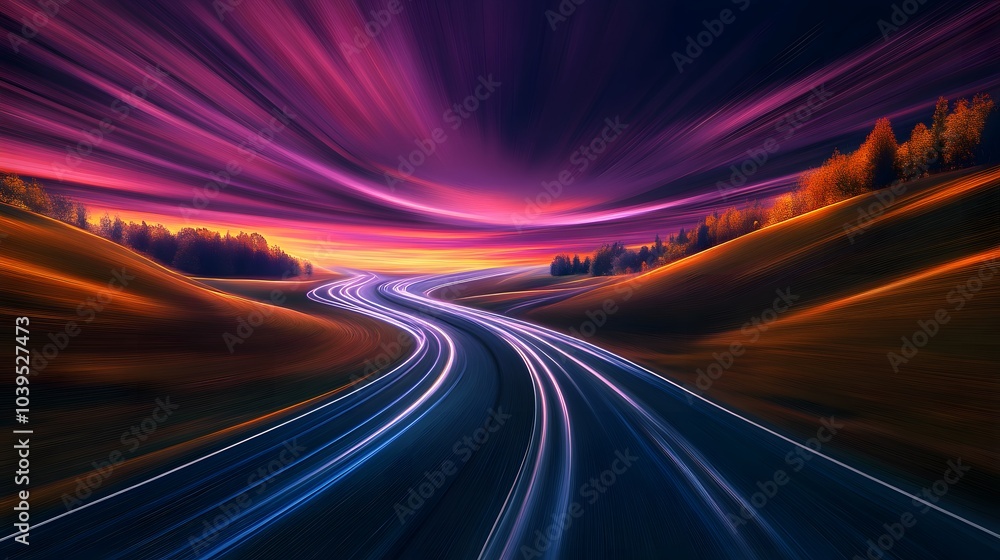Obraz premium a bendy road with light trails and noctilucent clouds