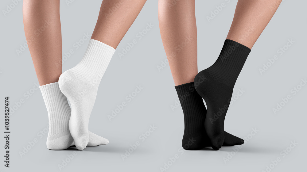 Mockup of white, black medium socks on women's feet, one ankle stretched, side view. Set Mockup of white, black medium socks on women's feet, one ankle stretched, side view. Set