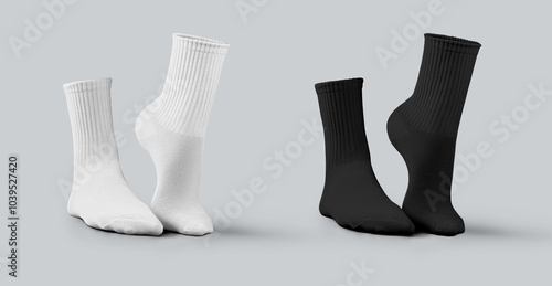 Mockup of white, black medium gaiters 3D rendering, side view, sportswear with elastic band, one foot stretched. Set.