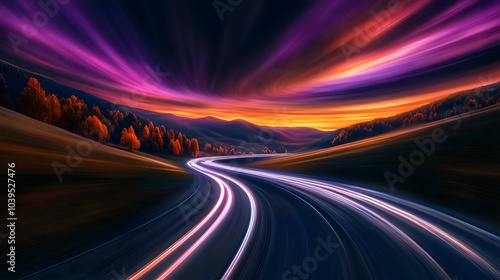 a bendy road with light trails and noctilucent clouds