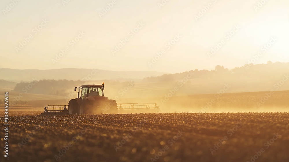 Fototapeta premium A tractor plows a field at sunset, leaving a trail of dust behind it.