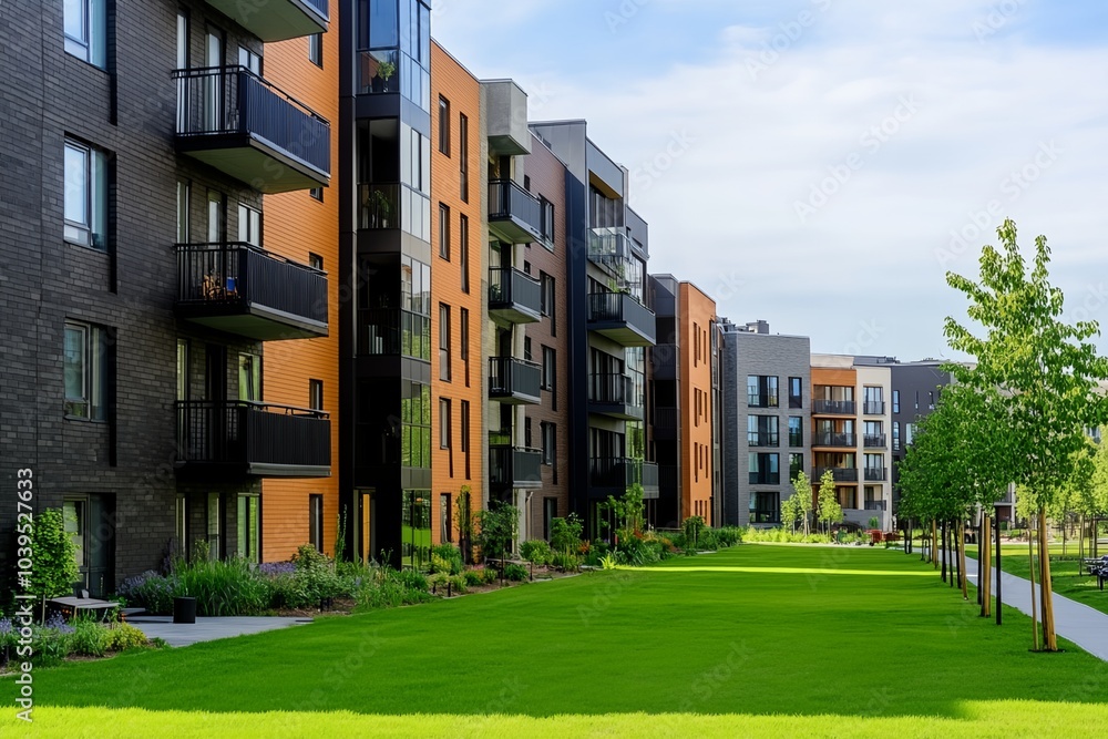 A row of apartment buildings with a large green lawn in between them. The buildings are mostly brown and black, and the lawn is lush and green. The scene gives off a sense of community and a peaceful A row of apartment buildings with a large green lawn in between them. The buildings are mostly brown and black, and the lawn is lush and green. The scene gives off a sense of community and a peaceful