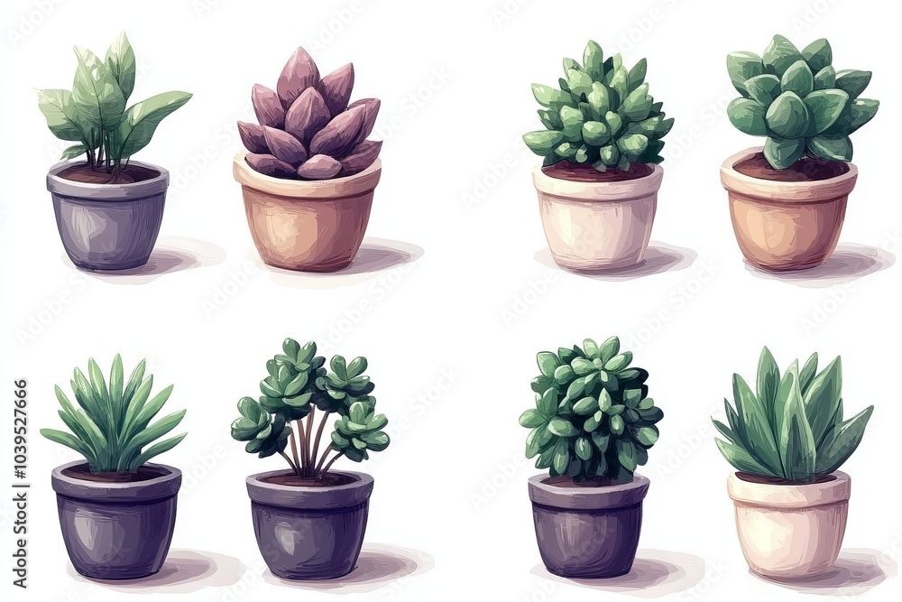 Obraz premium Collection of small potted succulents in pastel pots symbolizing indoor gardening modern home decor and the aesthetic appeal of low maintenance plants