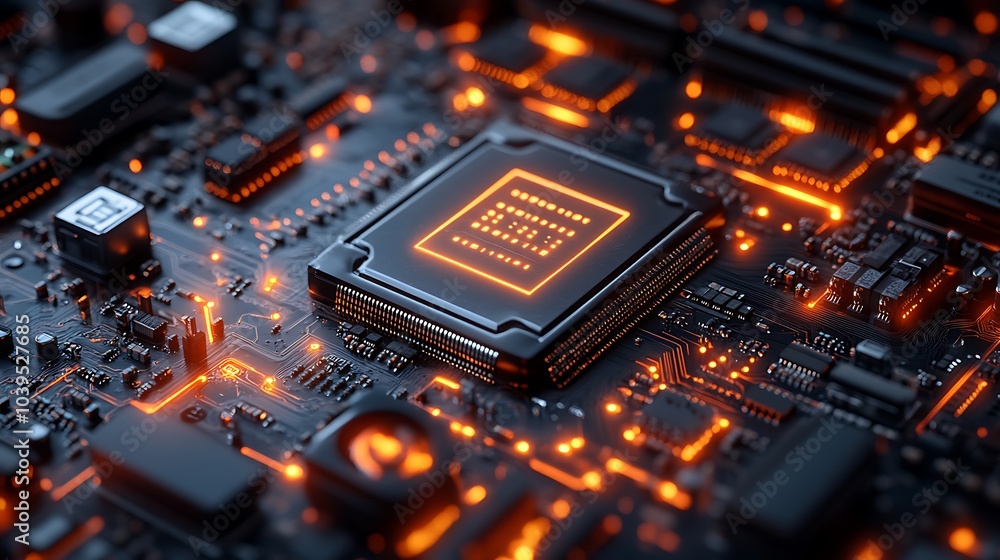 Close-up of a glowing CPU chip on a motherboard, showcasing intricate circuits and advanced technology. Close-up of a glowing CPU chip on a motherboard, showcasing intricate circuits and advanced technology.