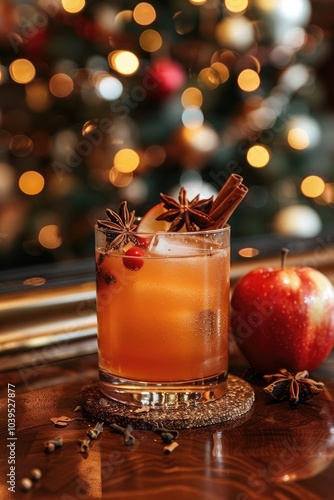 Hot rum punch with spices and apples, against a Christmas tree on the bar.