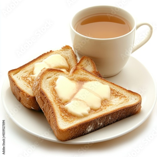 A plate with two buttered toast slices and a cup of tea.