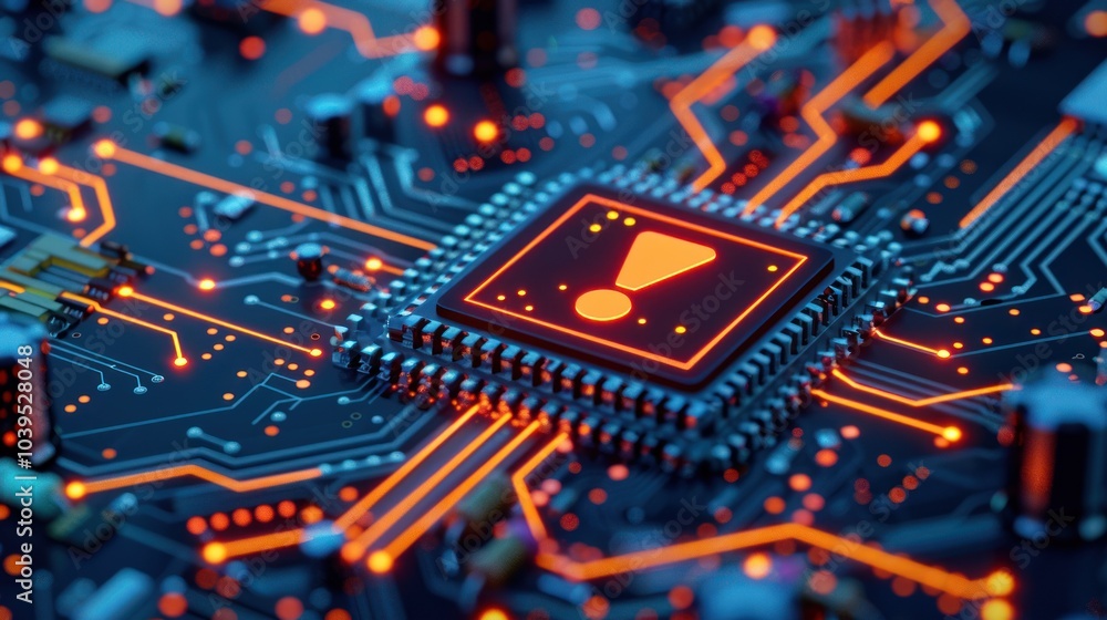 Cybersecurity Warning: An Exclamation Point Glows on a Circuit Board Cybersecurity Warning: An Exclamation Point Glows on a Circuit Board