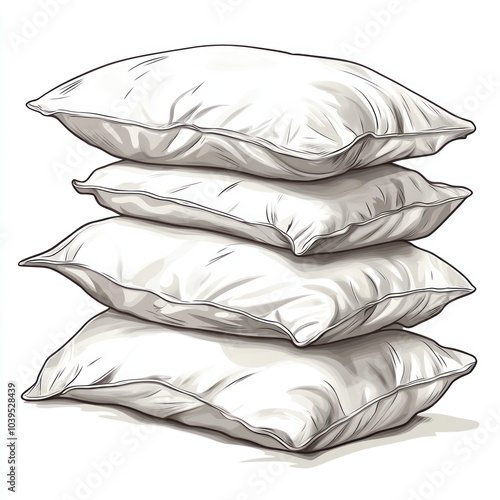 A stack of four fluffy white pillows, ideal for comfort and decoration.