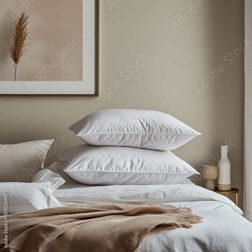 A cozy bedroom scene with stacked pillows and soft textiles for relaxation.