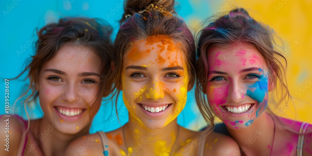 Three women are smiling and wearing colorful face paint. They are posing for a picture and seem to be having fun Three women are smiling and wearing colorful face paint. They are posing for a picture and seem to be having fun