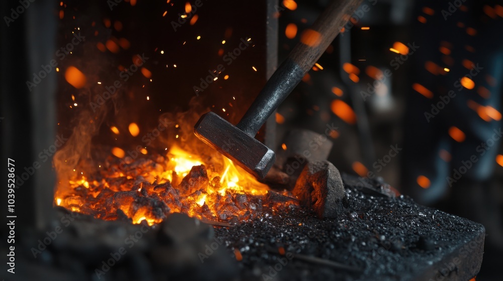 A serene metalworking forge with blacksmith tools, Metal sculptures taking shape, Artisanal workshop style A serene metalworking forge with blacksmith tools, Metal sculptures taking shape, Artisanal workshop style