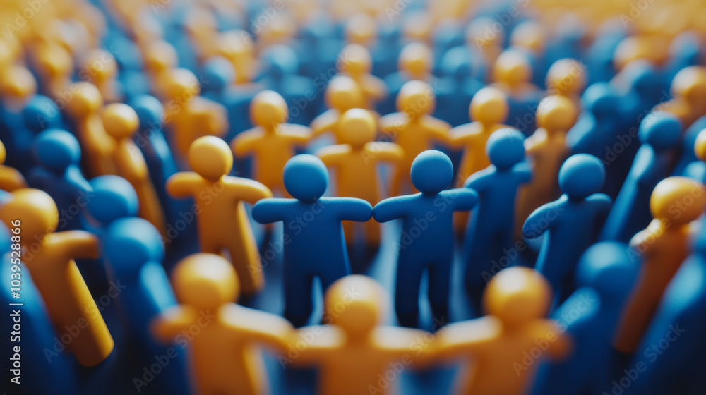 Obraz premium Blue and yellow figures standing in unity, forming a circle at a community event on a sunny afternoon