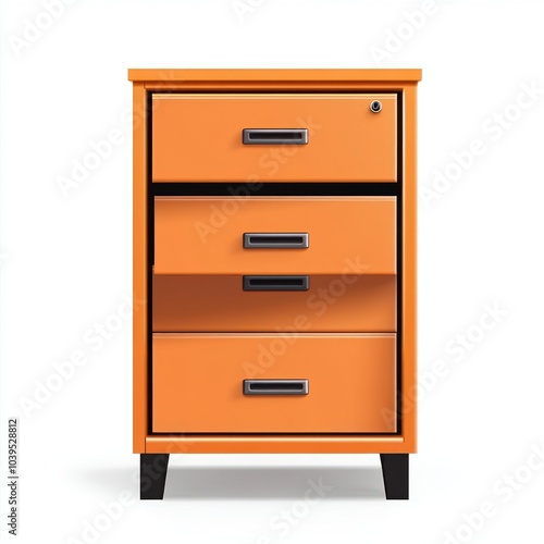 A vibrant orange nightstand with three drawers and a small top compartment for storage.