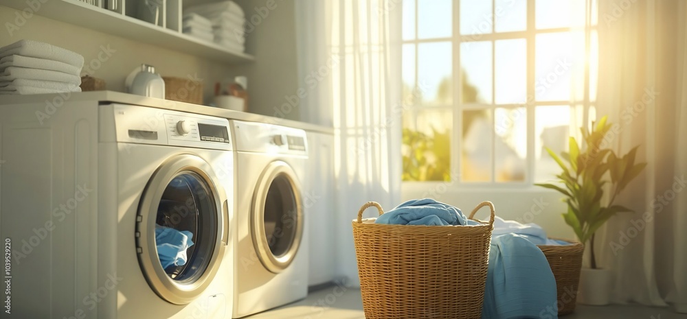 Laundry room with two washing machines, a laundry basket, and a window with sunlight. Laundry room with two washing machines, a laundry basket, and a window with sunlight.
