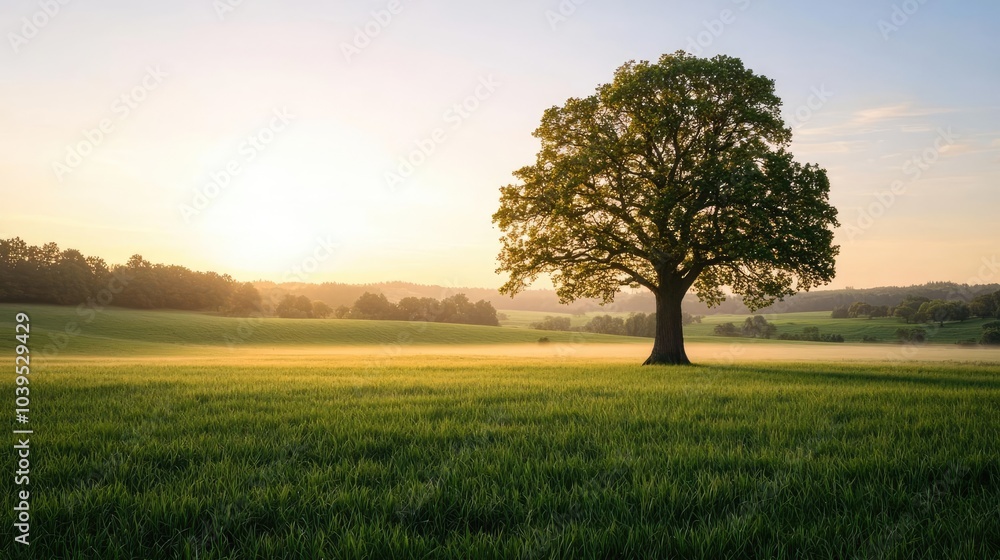 A majestic tree stands alone in a serene landscape at sunrise. A majestic tree stands alone in a serene landscape at sunrise.