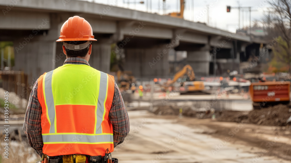 engineer wearing high visibility vest and hard hat observes construction site with heavy machinery and bridge in background. scene conveys focus and determination engineer wearing high visibility vest and hard hat observes construction site with heavy machinery and bridge in background. scene conveys focus and determination