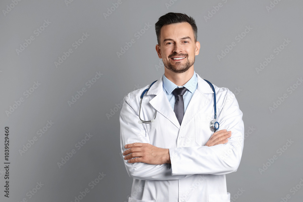 Smiling doctor with stethoscope on grey background, space for text Smiling doctor with stethoscope on grey background, space for text