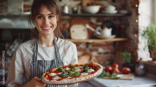 Young woman smiling and holding freshly baked pizza. Against the background of the kitchen.