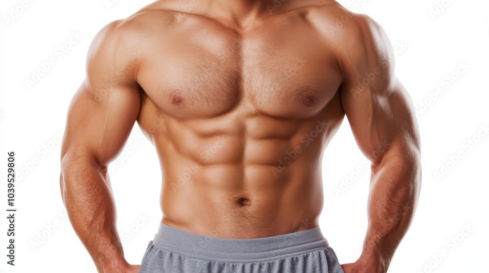 A close-up of a man, bare-chested, with hands on hips and defined abdomen visible A close-up of a man, bare-chested, with hands on hips and defined abdomen visible