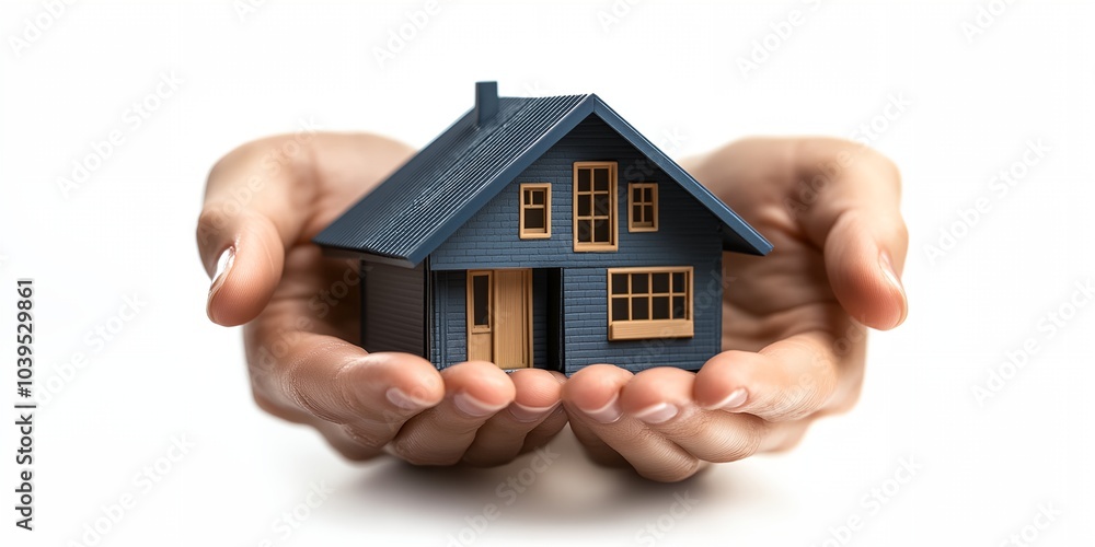 A hand is holding a small blue house. The house is made of wood and has a slanted roof. The hand is holding the house in a way that it looks like it is being protected A hand is holding a small blue house. The house is made of wood and has a slanted roof. The hand is holding the house in a way that it looks like it is being protected
