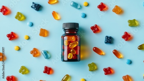 A bottle of colorful gummy chewable supplements surrounded by scattered gummies on a light blue background. photo