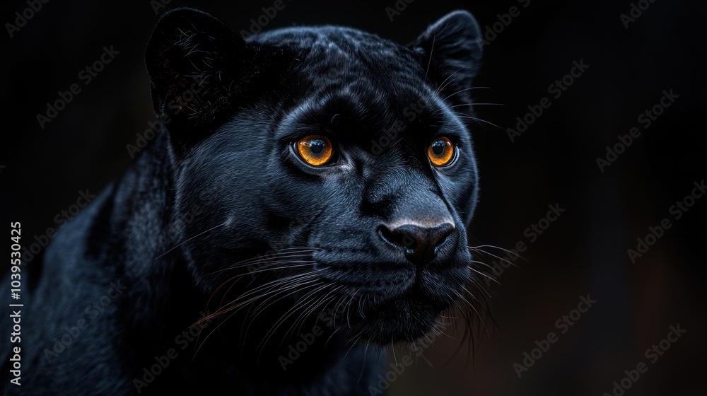 A close-up of a black panther with striking golden eyes. A close-up of a black panther with striking golden eyes.
