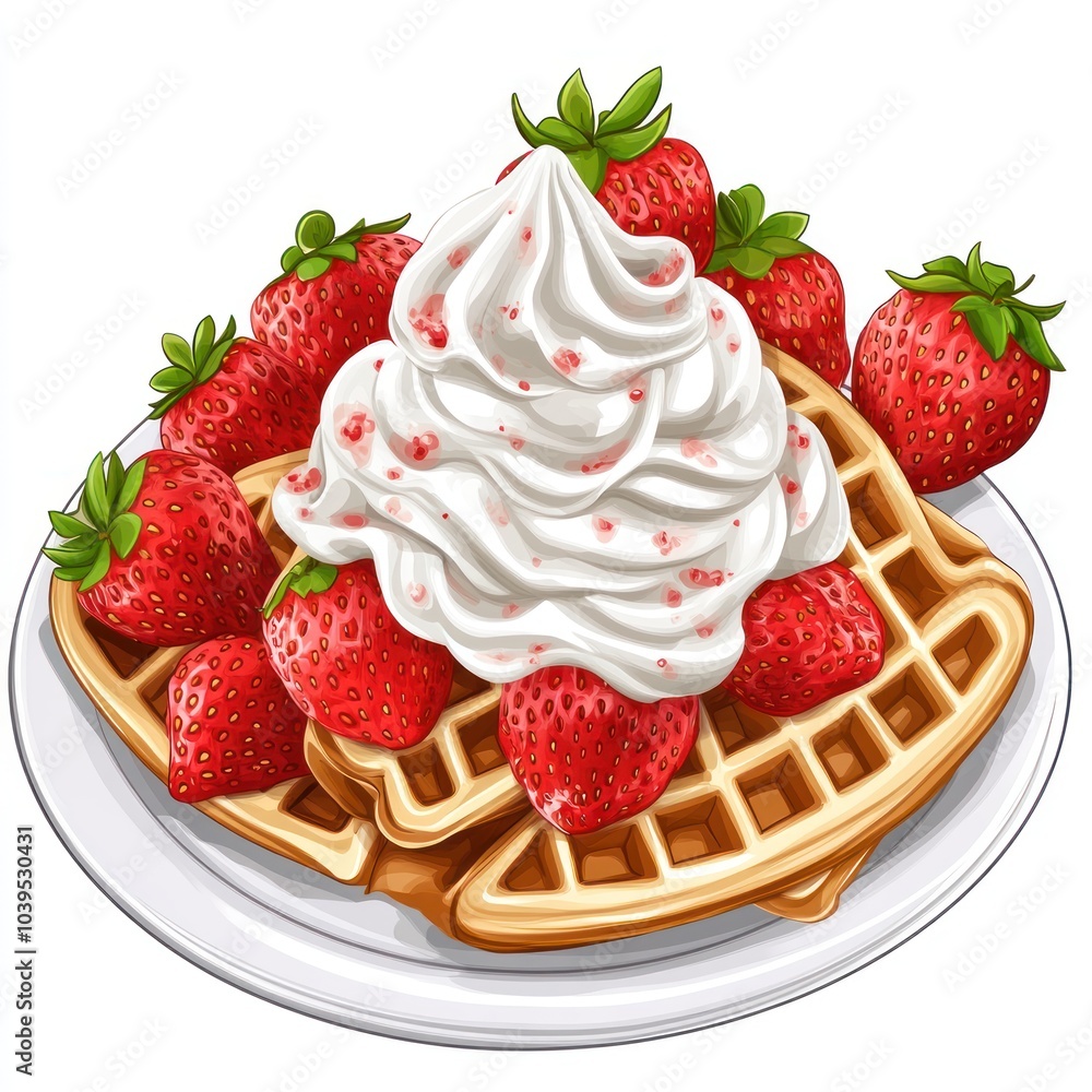 A delicious plate of waffles topped with whipped cream and fresh strawberries. A delicious plate of waffles topped with whipped cream and fresh strawberries.