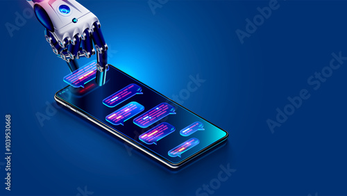 AI chatbot in image robot or cyborg holding in hand message bubbles. Online AI chat bot talk through messenger. Technical support chat bot, internet assistance with artificial intelligence or AI.